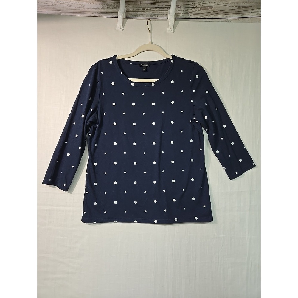 Talbots Women's S Crewneck 3/4 Sleeve Navy Polka Dot Silver T Shirt Top Cotton